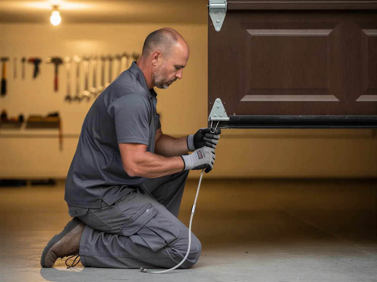 A technician kneels, working on the bottom of a brown garage door.