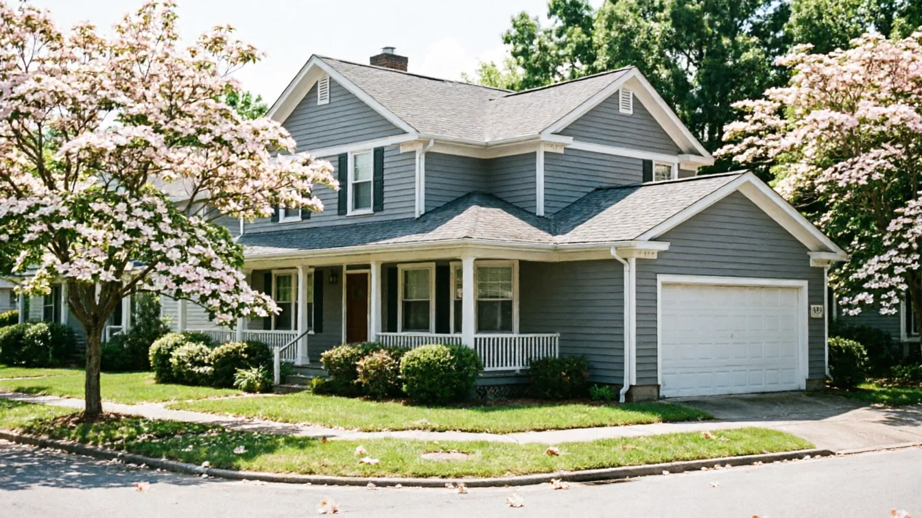 A gray house with a white garage door and a blooming tree in the foreground.