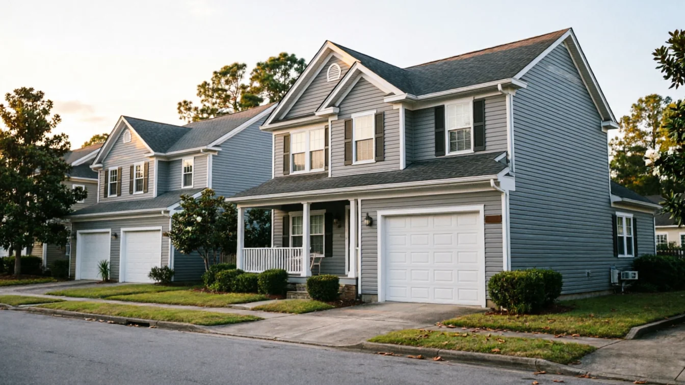Two gray houses with white garage doors and green lawns line a street.