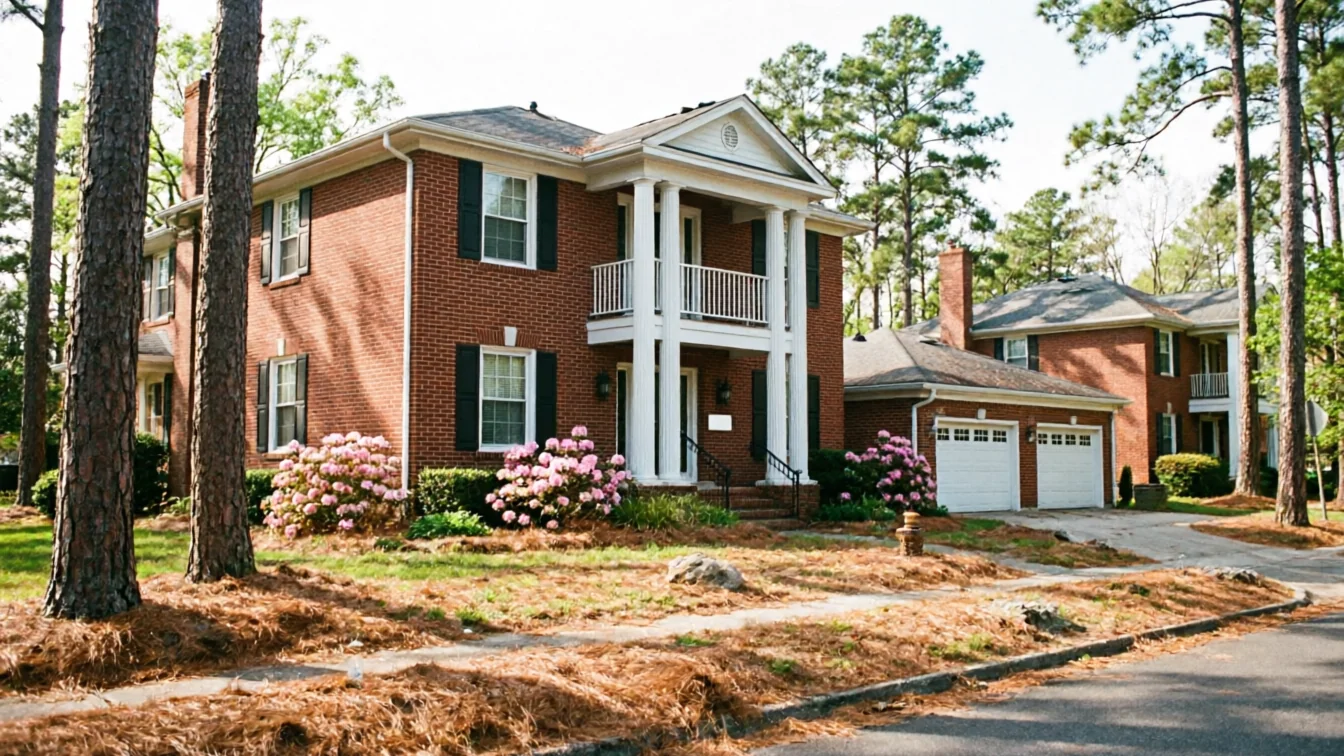 A two-story brick house with a two-car garage and a front porch.