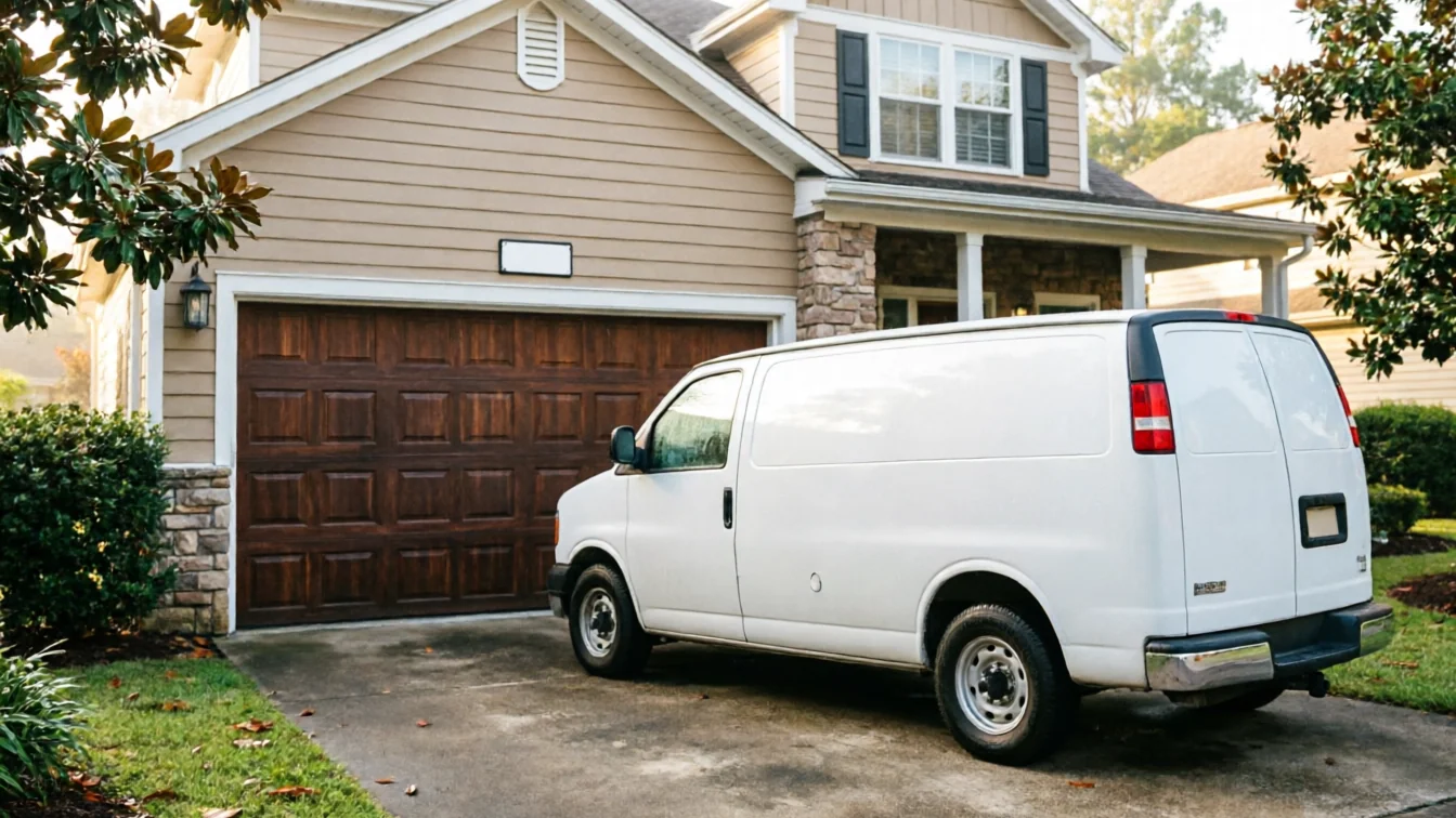 A white van is parked in the driveway of a house with a brown garage door.