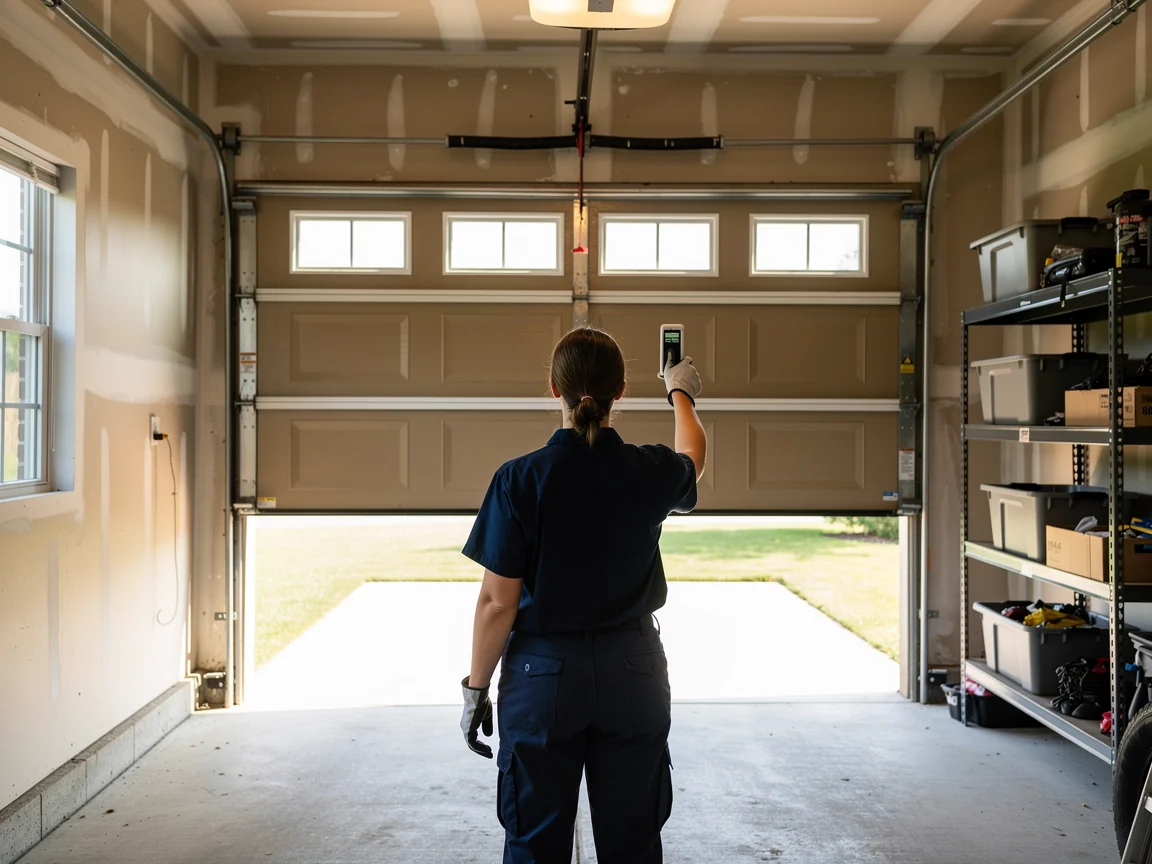A technician operates a garage door opener with a remote control.