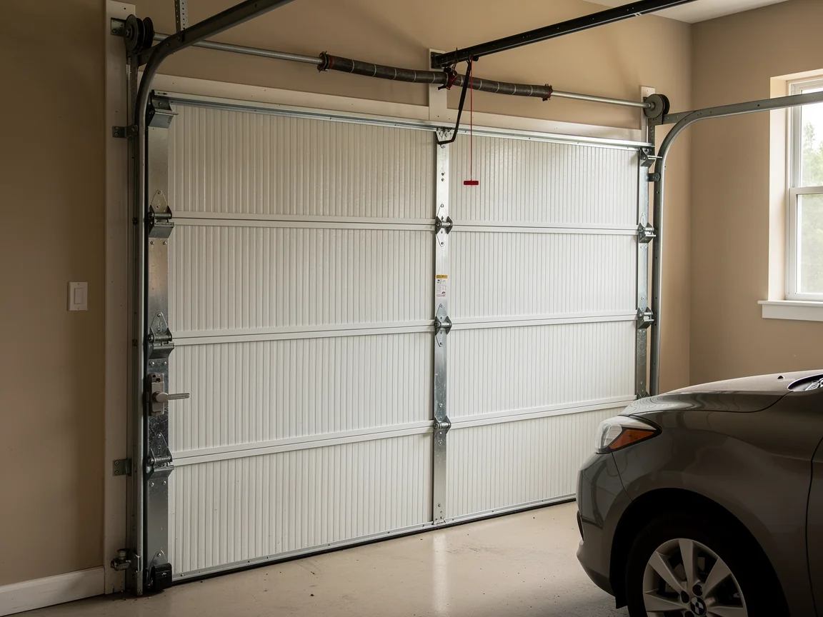 A white garage door is closed with a car parked in front of it.