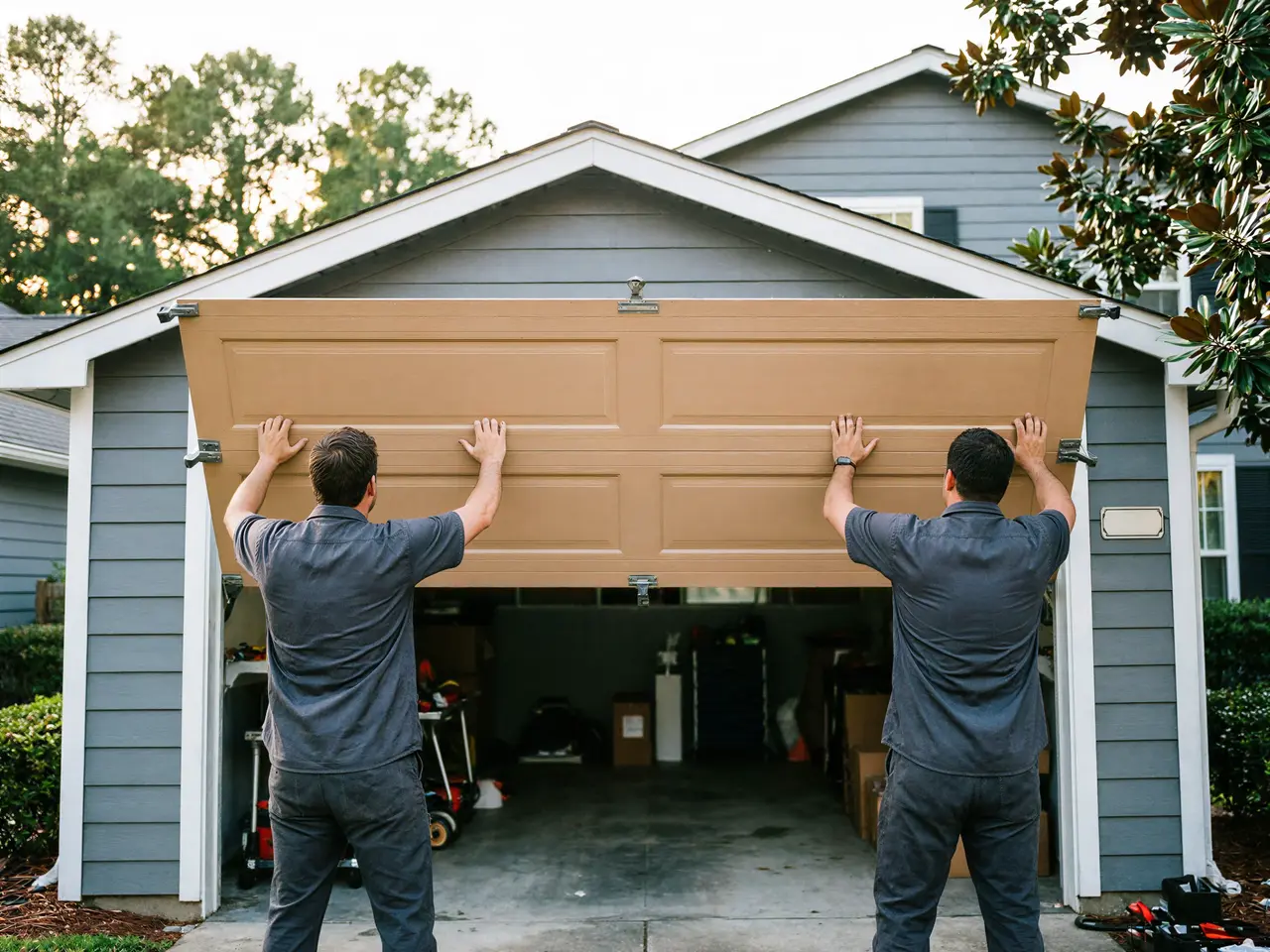 Two technicians install a tan garage door on a gray house.