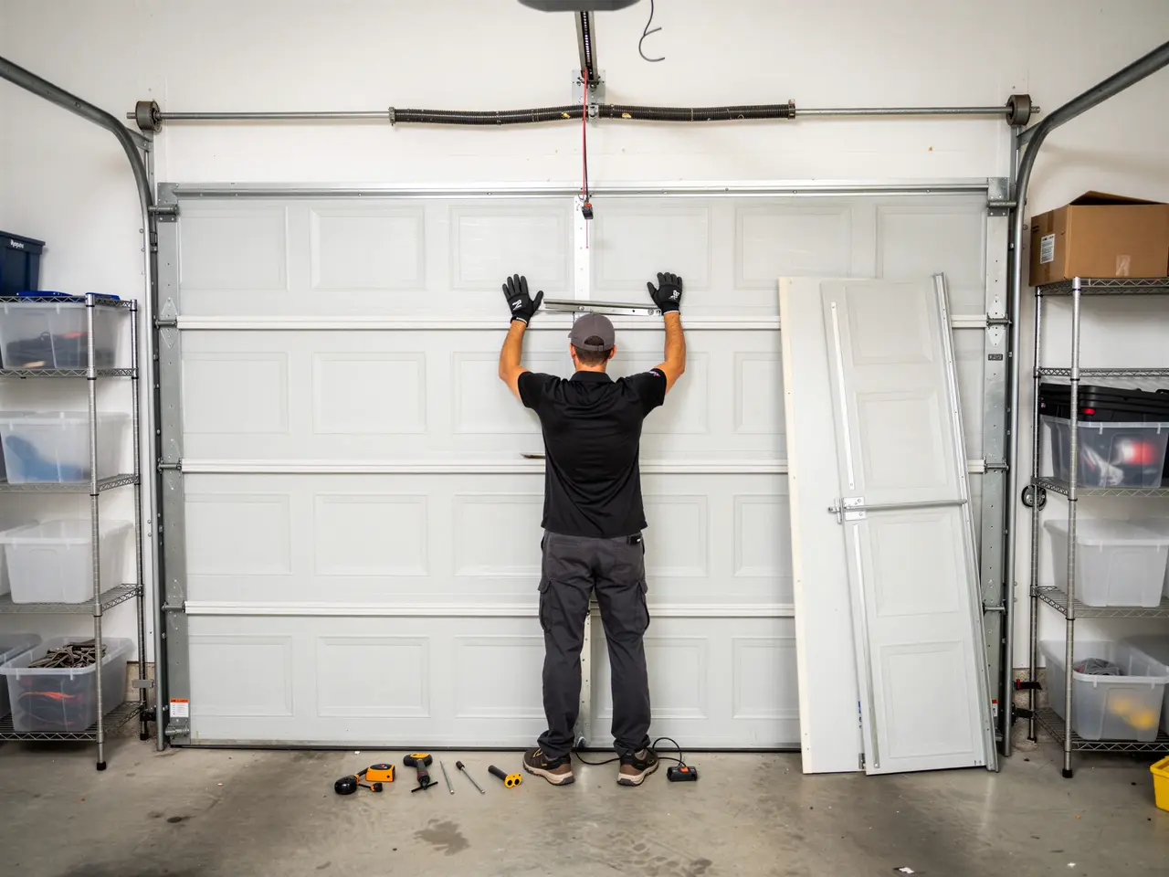 A technician installs a white garage door panel in a garage.