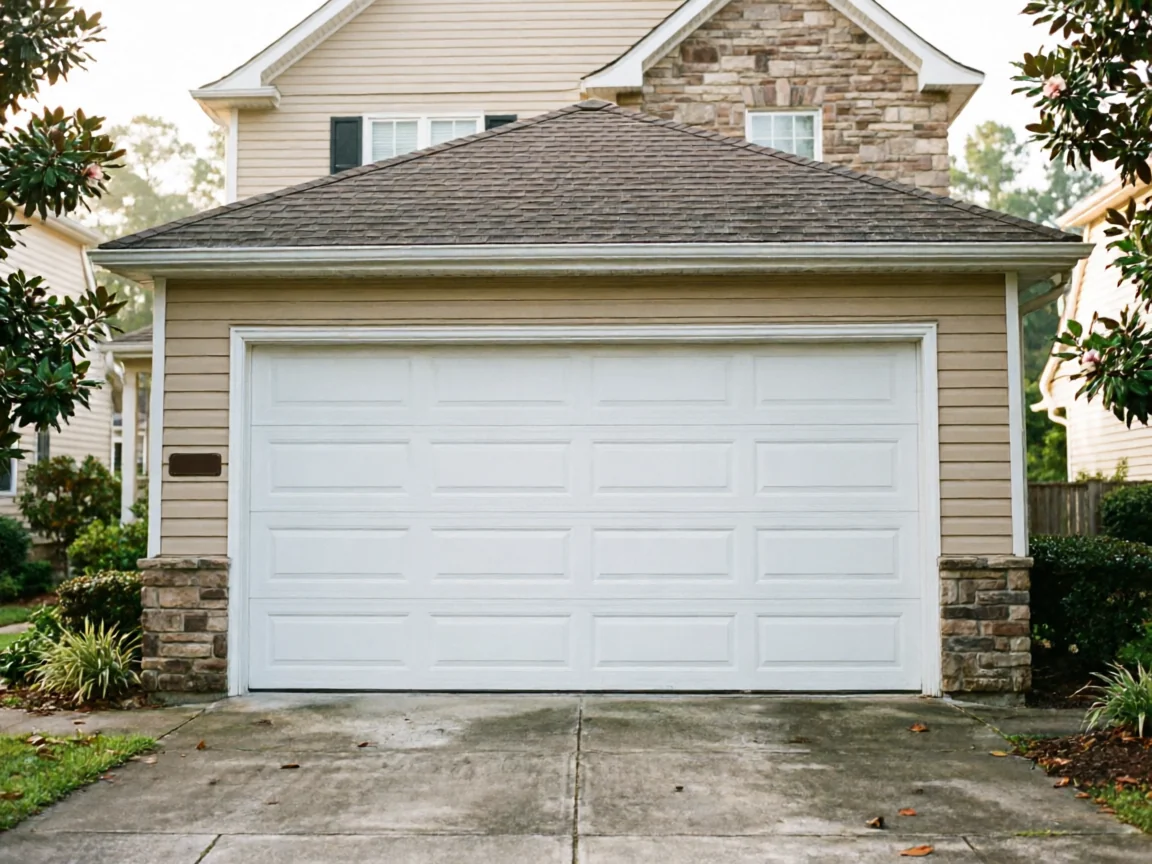 A white paneled garage door is on a tan house with stone accents.
