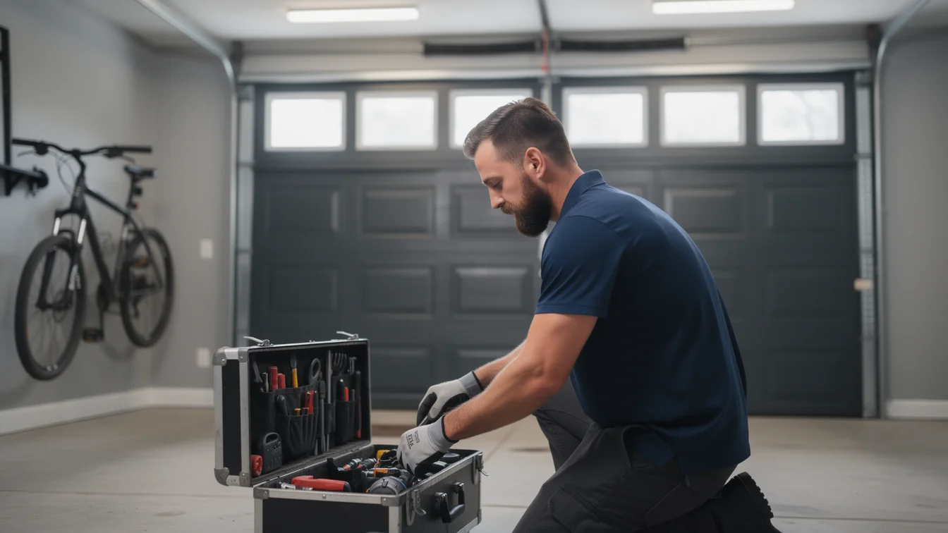 A technician kneels in a garage, looking into an open toolbox.
