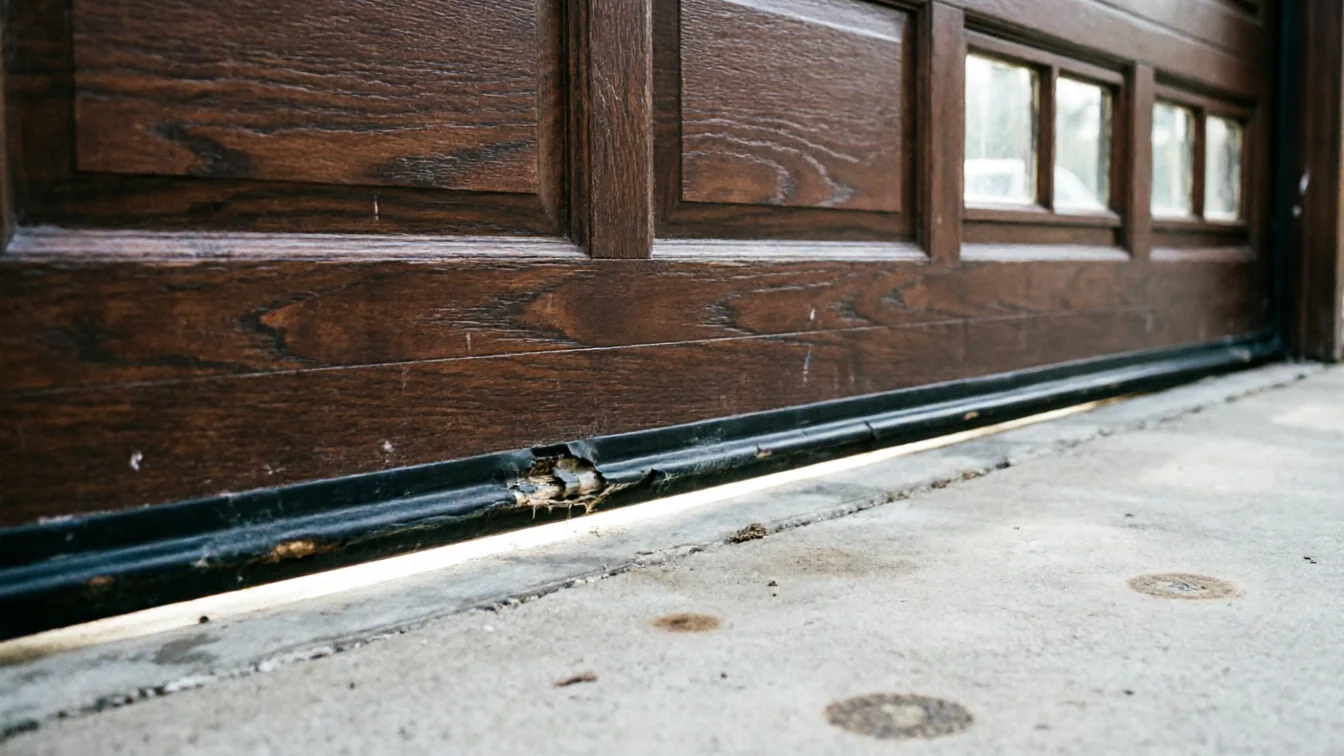 The garage door has a damaged bottom seal and a gap underneath.